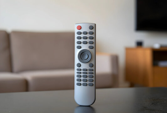 Entertainment and home media control, television remote standing on a table in a living room with blurred background for digital lifestyle concepts