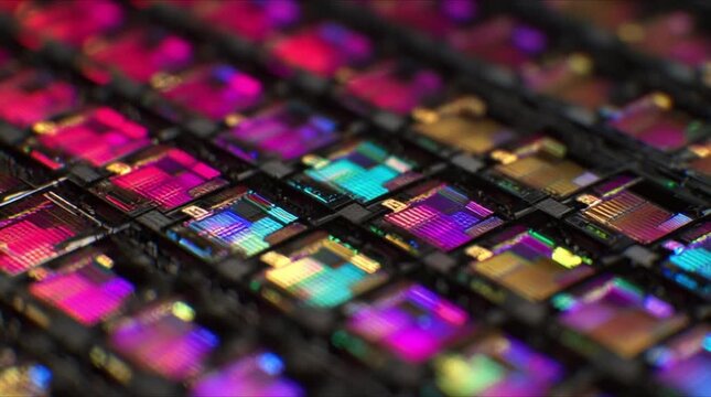 Angled macro view of silicon semiconductor microchip wafer array with glowing magenta cyan and golden laser light reflections during precision manufacturing process (AI Generated)