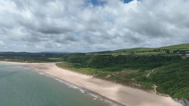 Aerial Panoramic View of Oxwich Bay Beach and Coastline on the Gower Peninsula South Wales