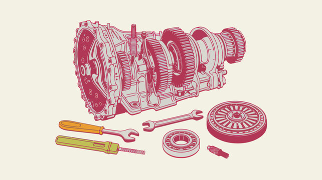 Vintage car transmission vector illustration, retro automotive gearbox with repair tools, mechanical engine parts and wrenches