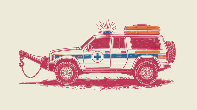 Vintage off-road rescue vehicle vector, retro 4x4 ambulance truck with tow hook, distressed emergency suv illustration