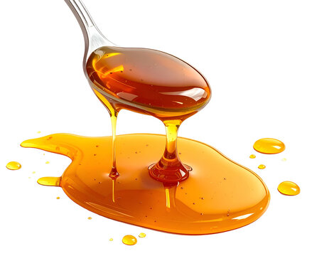Organic honey dripping from metal spoon into golden pool isolated on white background
