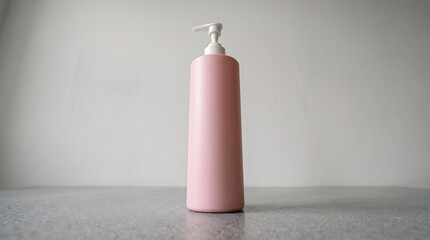 Pink cosmetic bottle with a white pump dispenser standing upright on a grey surface © ChaohM