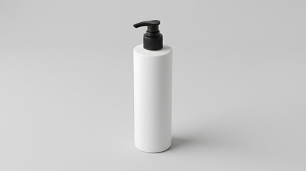 White cosmetic bottle with black pump dispenser standing upright in the studio © ChaohM