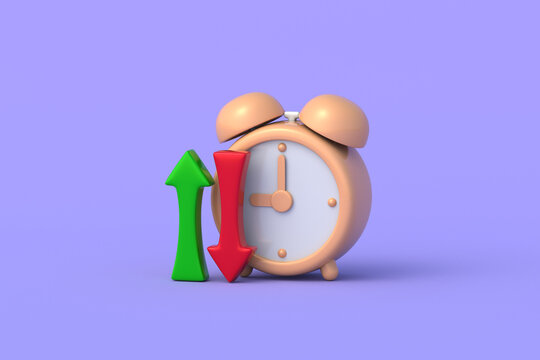 Time management. Productivity rates. Deadline flexibility. Adjusting schedule. Working hours increase and decrease. Countdown to the start of trading. Alarm clock beside up and down arrows. 3d render