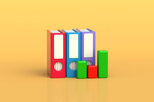 Successful corporate management. Positive business progress. Annual financial report. Improving economic performance. Office document folders beside rising chart. 3d render