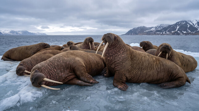 Herd of Walruses Resting on Ice Floe with Arctic Mountains in Background