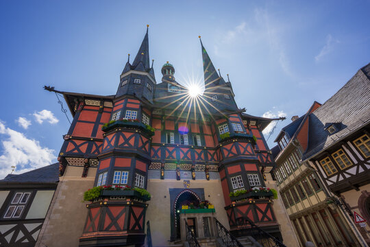 Historic Wernigerode Town Hall with Sunburst on Market Square Germany