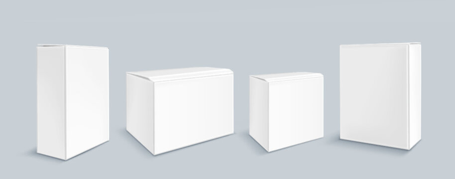 Realistic set of white carton boxes isolated on background. Vector illustration of blank 3d package mockup, rectangular cardboard pack with lid, template for beauty or medicine product presentation