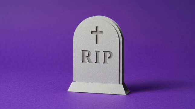 Paper cutout gravestone with RIP and cross 3D render on purple background