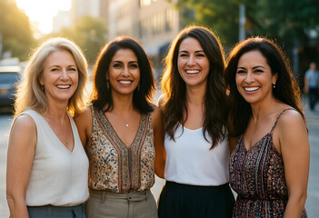 Obraz premium Female friendship and diversity, group of happy diverse women smiling together in urban city street at sunset for social connection and empowerment