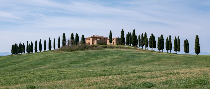 The Hilltop Tuscan Farmhouse Surrounded by Cypress Trees on Rolling Hills