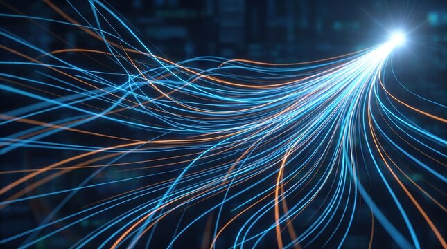 Abstract blue data stream flowing through digital space with glowing particles and light trails, big data analytics technology background, idea for network communication design