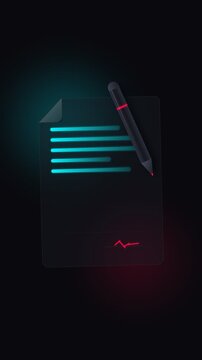Document and pen with glowing neon lines on dark background