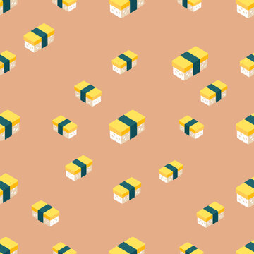 Seamless pattern with isometric tamago sushi pieces on a light brown background.