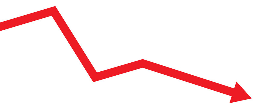 Red arrow down icon. Indication decline arrow sign. Financial decrease statistic graphic symbol. Financial losses chart. Vector illustration