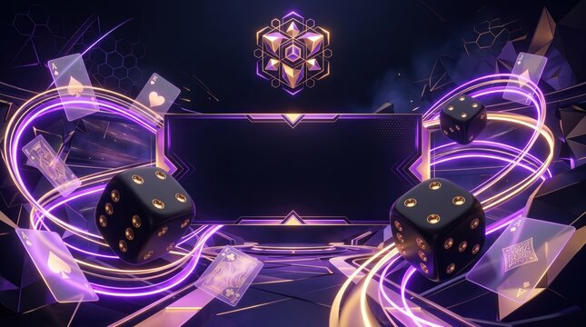 Futuristic casino background with glowing neon lights, dark purple gambling banner with 3D dice and playing cards, online poker tournament UI template