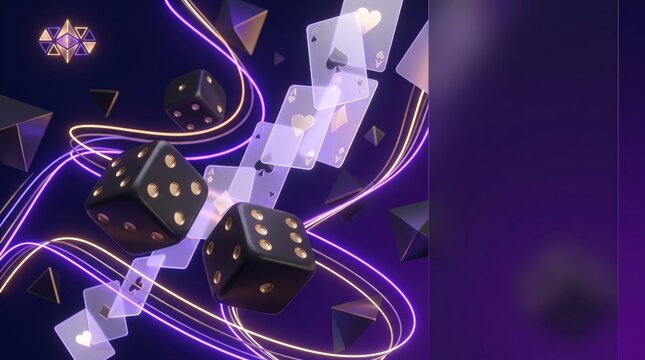 Luxury casino background with floating black dice and playing cards, elegant purple neon gaming banner with copy space
