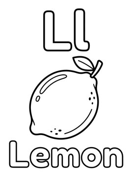 Outline drawing of a sour lemon fruit for childrens coloring with the letter Ll