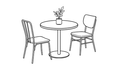 Fototapeta premium Small Round Bistro Table Two Chairs and Leafy Plant Minimal Vector Outline