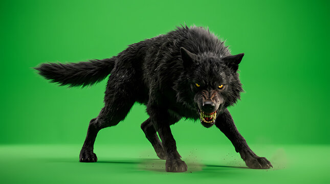 Aggressive Black Wolf in Attack Stance on Green Screen