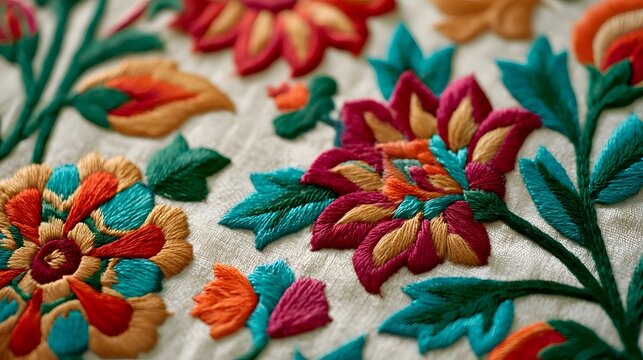 Close up of vibrant floral embroidery on fabric with rich colors and detailed stitching patterns