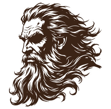 Illustration of a man with a long beard and flowing hair profile view