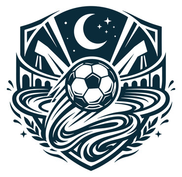 Illustration of soccer ball with crescent moon and stars on shield  sport logo design