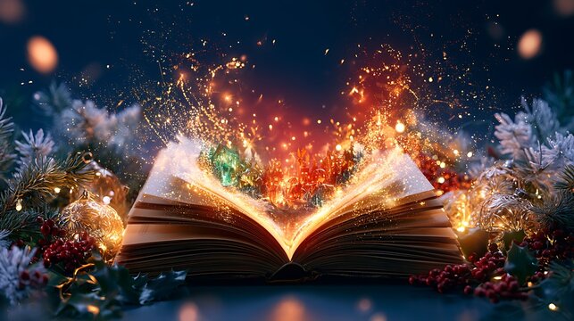 Magical Christmas horizontal banner with glowing fairytale book, festive ornaments and warm golden sparkles