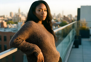 Naklejka premium Urban lifestyle and mental health, young woman standing on a city balcony at sunset reflecting on life with a thoughtful expression and calm mood