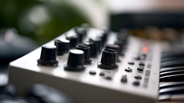 Close up of black knobs on a white electronic music device with blurred background and partial keyboard visible