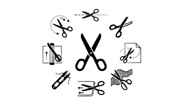 Scissors cutting icon vector set with black shears dashed lines and craft cutting symbols