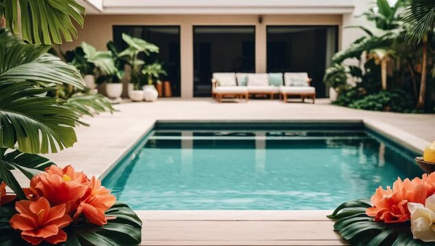 Summer background with swimming pool blue water on vacation hotel by sea and ocean AI Generative