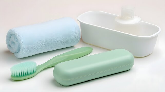 A neatly arranged set of personal hygiene items including a toothbrush  towel  and soap dispenser on a clean white surface
