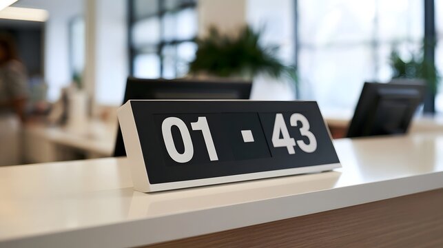 Digital queue display showing time 01 43 on a modern counter in a bright office or retail space