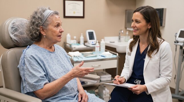 Doctor consulting with an elderly patient in a medical office