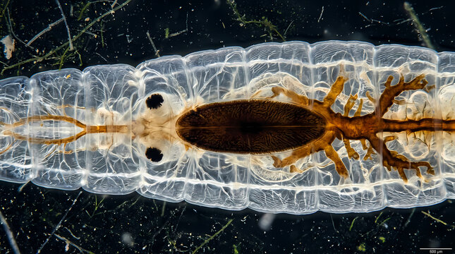 Close-Up of a Marine Larva with Transparent Body and Appendages