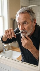 Fototapeta premium Mature man with beard trimming mustache with scissors in bathroom mirror