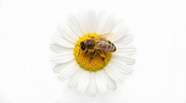 Macro shot of a honeybee collecting pollen from the center of a white daisy flower on a white background
