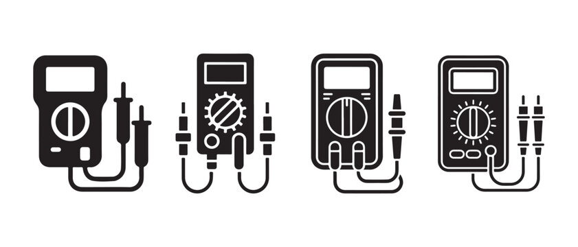 Multimeter Icon Set with Test Probes and Electrical Measuring Designs.