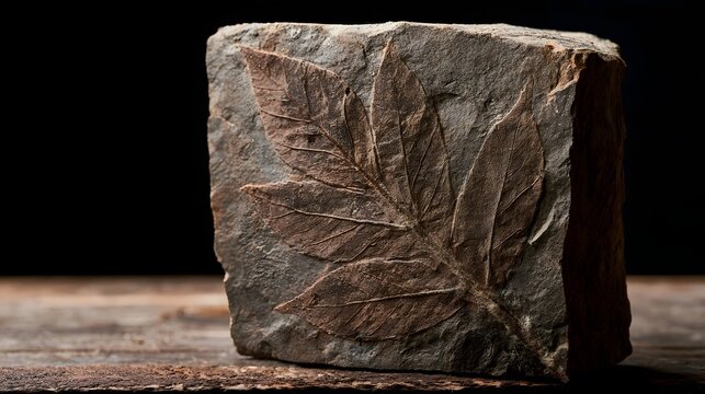 A detailed leaf fossil imprint preserved in stone  displayed on a wooden surface against a dark background