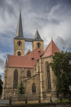 Historic St Martini Church with Asymmetric Twin Towers in Halberstadt Germany