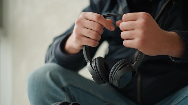 Close up of person holding black over ear headphones examining headband and ear cups. person is seated indoors with soft lighting wearing casual clothing including jeans and dark jacket