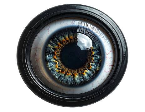 Macro Shot of Human Eye Iris inside Camera Lens Aperture Isolated on White Studio