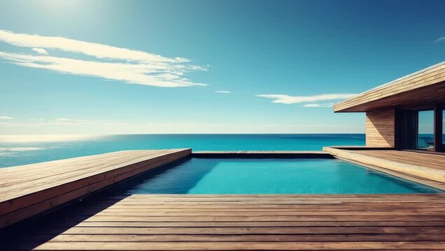 Summer background with swimming pool blue water on vacation hotel by sea and ocean AI Generative