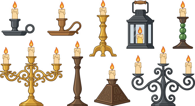 Vintage Candlestick and Burning Candle Vector Icon Set with Candelabras Lantern and Antique Holders for Interior Decor Designs