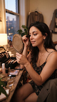 Young woman applying mascara in mirror at vanity table with makeup