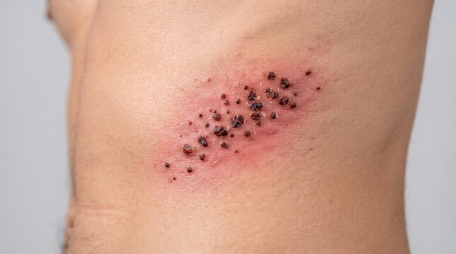 Detail of Healing Shingles Herpes Zoster Rash with Dark Scabs on Male Torso