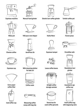 Coffee Equipment Icons Set - Hand Drawn Line Art, Brewing Tools and Accessories Vector Illustration