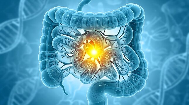 3d human digestive system illustration with glowing internal pain